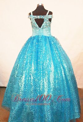 Paillette Aqua Blue Ball Gown Strap for Pageant Girls