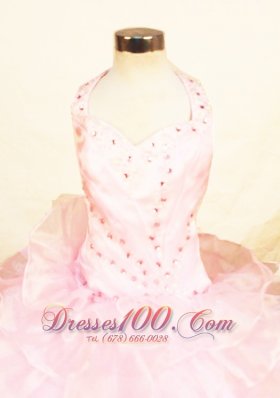 Halter Cascading Ruffles Baby Pink Pageant Dresses Lace up