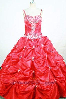 Embroidery Coral Red Pageant Dresses Pick-up Strap for Girl