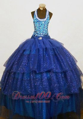 Sequined Beading Halter Dark Blue Pageant Birthday Gowns