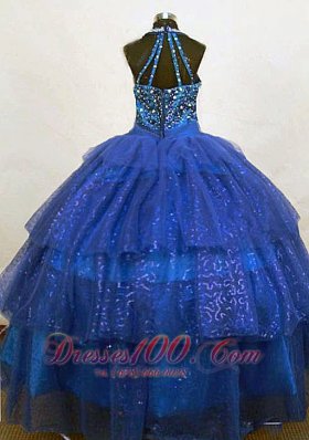 Sequined Beading Halter Dark Blue Pageant Birthday Gowns