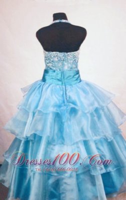 Custom Made Light Blue Halter Pageant Gowns Beading Layer