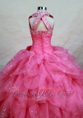Halter Cascading Ruffles Pageant Dresses Hot Pink Beading