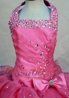 Halter Cascading Ruffles Pageant Dresses Hot Pink Beading