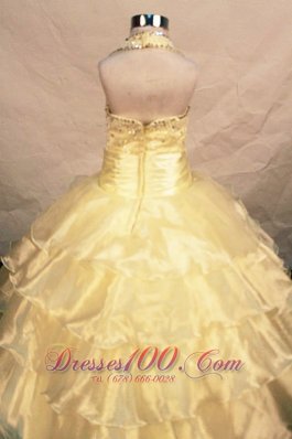 Customize Light Yellow Halter Pageant Gowns for Glitz