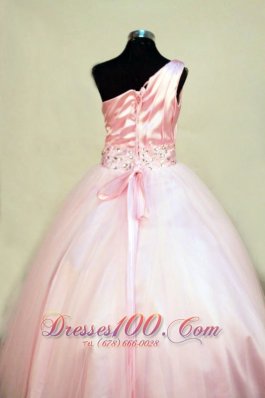 Belt Pageant Gowns Tulle One Shoulder Light Pink Crystal