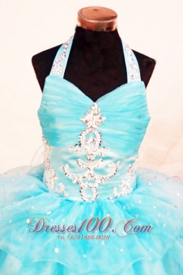 Layer Halter Aqua Ball gown for Sweet Fifteen Appliques