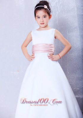 Simple White and Pink Ankle-length Little Girls Formal Dresses