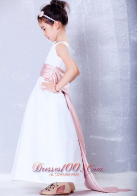 Simple White and Pink Ankle-length Little Girls Formal Dresses