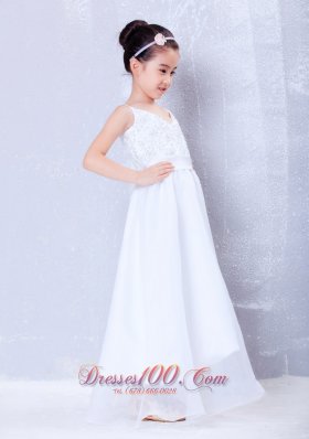 Little Girl Dress White A-line V-neck Beading With Straps