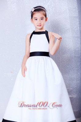 Cheap White and Navy Blue A-line Bow Little Girl Dress