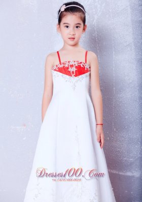 Little Girl Dress White and Red Straps Embroidery Satin