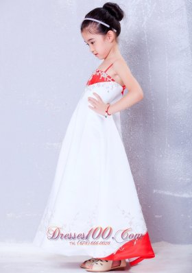 Little Girl Dress White and Red Straps Embroidery Satin