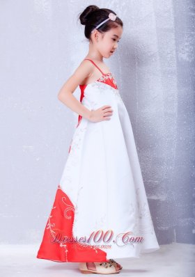 Little Girl Dress White and Red Straps Embroidery Satin