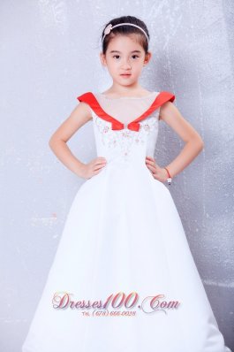 White and Red A-line Ankle-length Satin Little Girl Dress