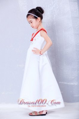 White and Red A-line Ankle-length Satin Little Girl Dress