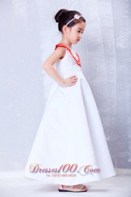 White and Red A-line Ankle-length Satin Little Girl Dress