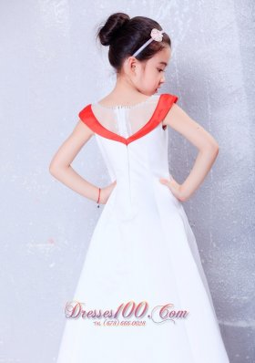 White and Red A-line Ankle-length Satin Little Girl Dress