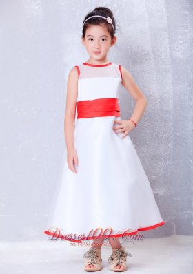 Child Pageant Dresses White and Red A-line Scoop Ankle-length