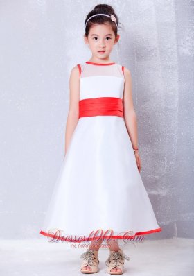 Child Pageant Dresses White and Red A-line Scoop Ankle-length