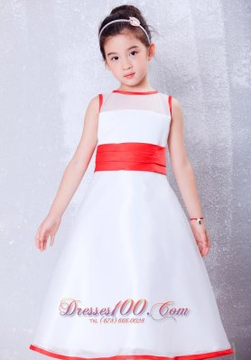 Child Pageant Dresses White and Red A-line Scoop Ankle-length