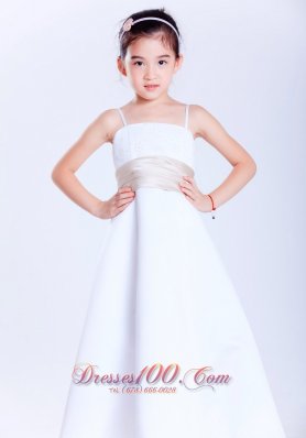 White A-line Straps Ankle-length Satin Child Pageant Dresses