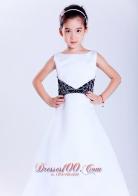 White and Black Scoop Satin Flower Girl Pageant Dress