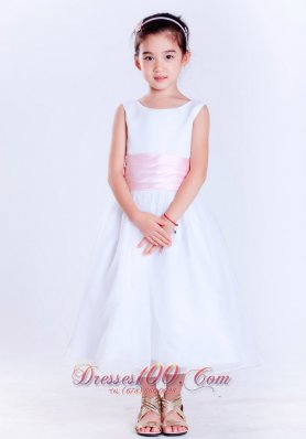 Pink Sain Scoop Tea-length Flower Girl Pageant Dress