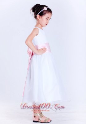 Pink Sain Scoop Tea-length Flower Girl Pageant Dress