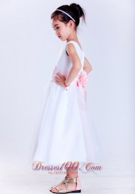 Pink Sain Scoop Tea-length Flower Girl Pageant Dress