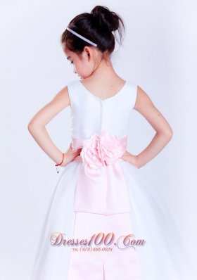 Pink Sain Scoop Tea-length Flower Girl Pageant Dress