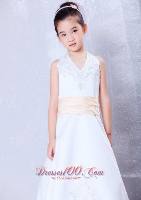 Champagne Halter Embroidery Satin Infant Pageant Dresses