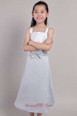 Beauty Pageants Dresses Silver Straps Tea-length Bow