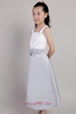 Beauty Pageants Dresses Silver Straps Tea-length Bow