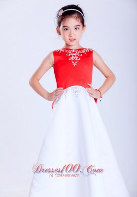 Embroidery White and Red Flower Girl Dress Satin