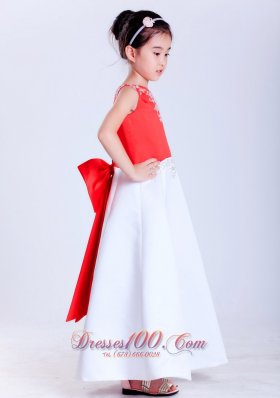 Embroidery White and Red Flower Girl Dress Satin