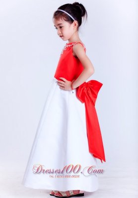 Embroidery White and Red Flower Girl Dress Satin