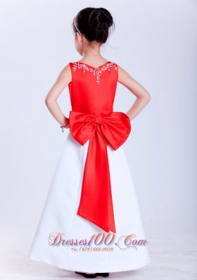 Embroidery White and Red Flower Girl Dress Satin