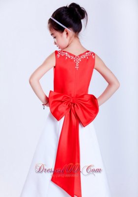 Embroidery White and Red Flower Girl Dress Satin