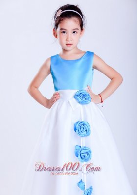 Baby Blue Hand Made Flowers White Flower Girl Dress