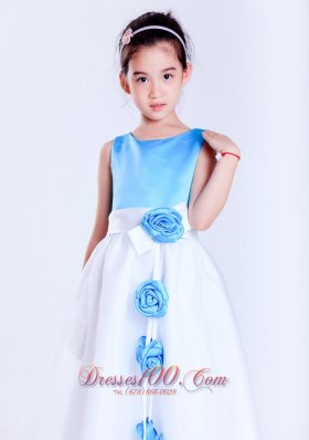 Baby Blue Hand Made Flowers White Flower Girl Dress