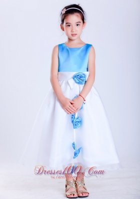 Baby Blue Hand Made Flowers White Flower Girl Dress