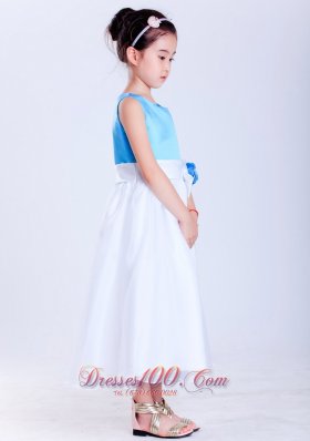 Baby Blue Hand Made Flowers White Flower Girl Dress