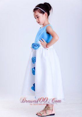 Baby Blue Hand Made Flowers White Flower Girl Dress