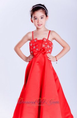 Straps Beading Bow Red Pageant Girl Flower Dresses