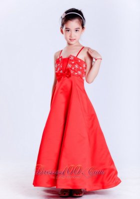 Straps Beading Bow Red Pageant Girl Flower Dresses