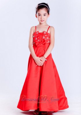 Straps Beading Bow Red Pageant Girl Flower Dresses