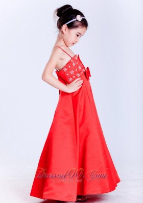 Straps Beading Bow Red Pageant Girl Flower Dresses