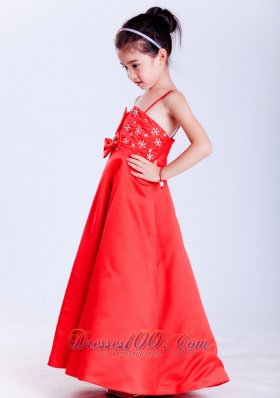 Straps Beading Bow Red Pageant Girl Flower Dresses