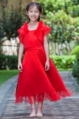 Bright Red Square Flower Dresses For Little Girls